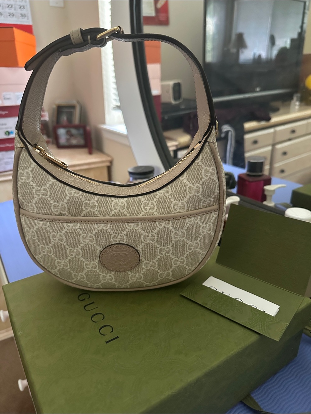 Gucci Beige GG Canvas Crescent Shoulder Bag with Gold Hardware